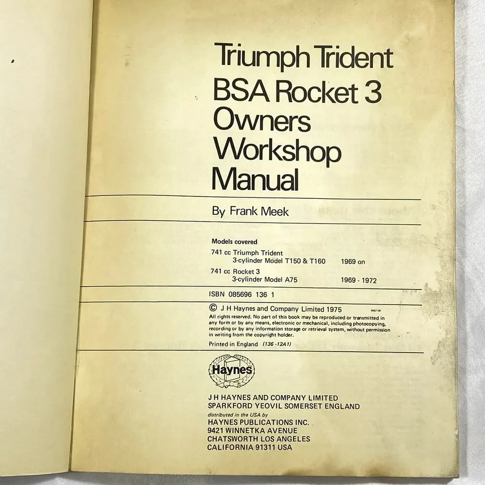 Haynes Triumph Trident BSA Rocket 3 741cc 1969 On Owners Workshop Manual Book